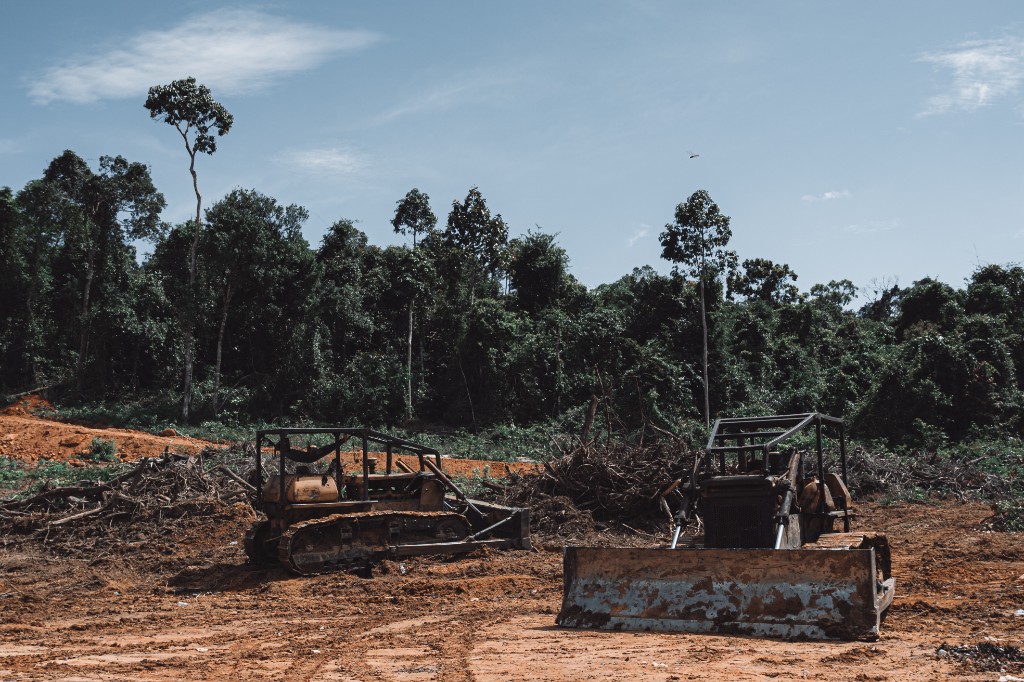 Land clearing with bulldozers and brush debris piles